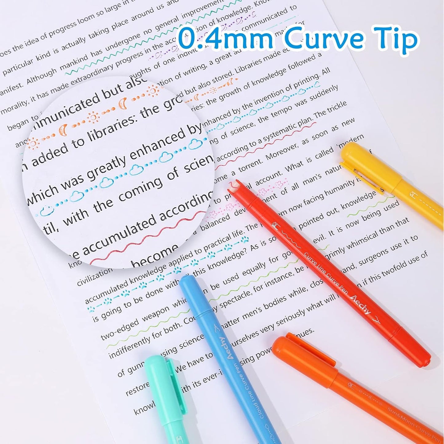 AECHY 12PCS Colored Curve Pens for Note Taking, Dual Tip Pens with 10 Different Curve Shapes & 12 Colors Fine Lines, Curve Highlighter Pen Set for Kids Journaling Note Taking Supplies