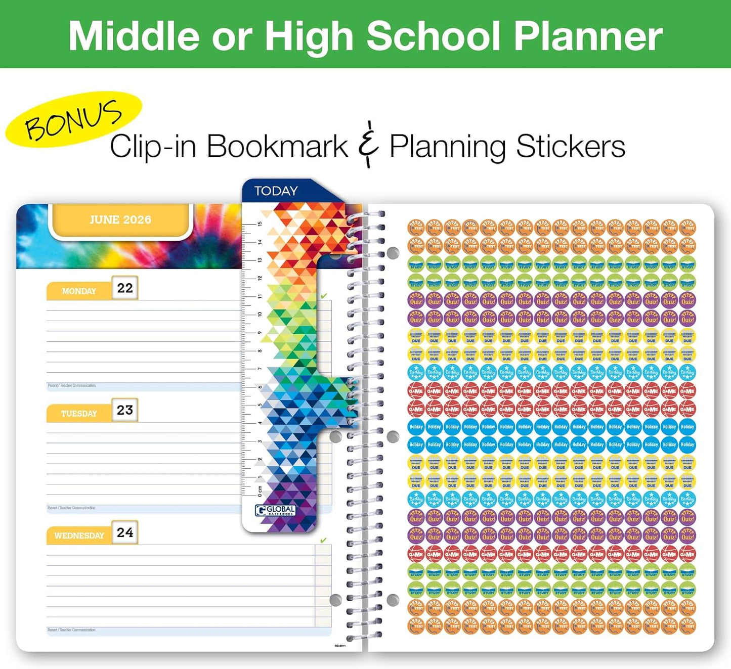 Global Datebooks Dated Middle School or High School Student Planner for Academic Year 2025-2026 Includes Ruler/Bookmark and Planning Stickers (Block Style - 8.5"x11" - Blue Colors)