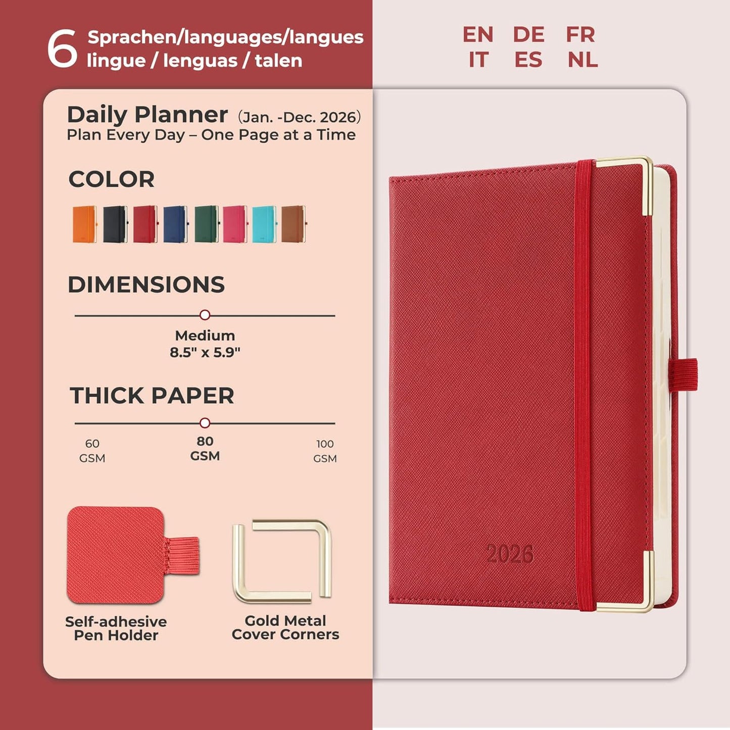 Daily Planner 2026 with One Page Per Day,(A5-8.5" x 5.9"),12 Months Calendar Hourly Appointment Book Monthly Tabs & Self-adhesive Pen Holder,Inner Pocket, Vegan Leather Hardback,Red