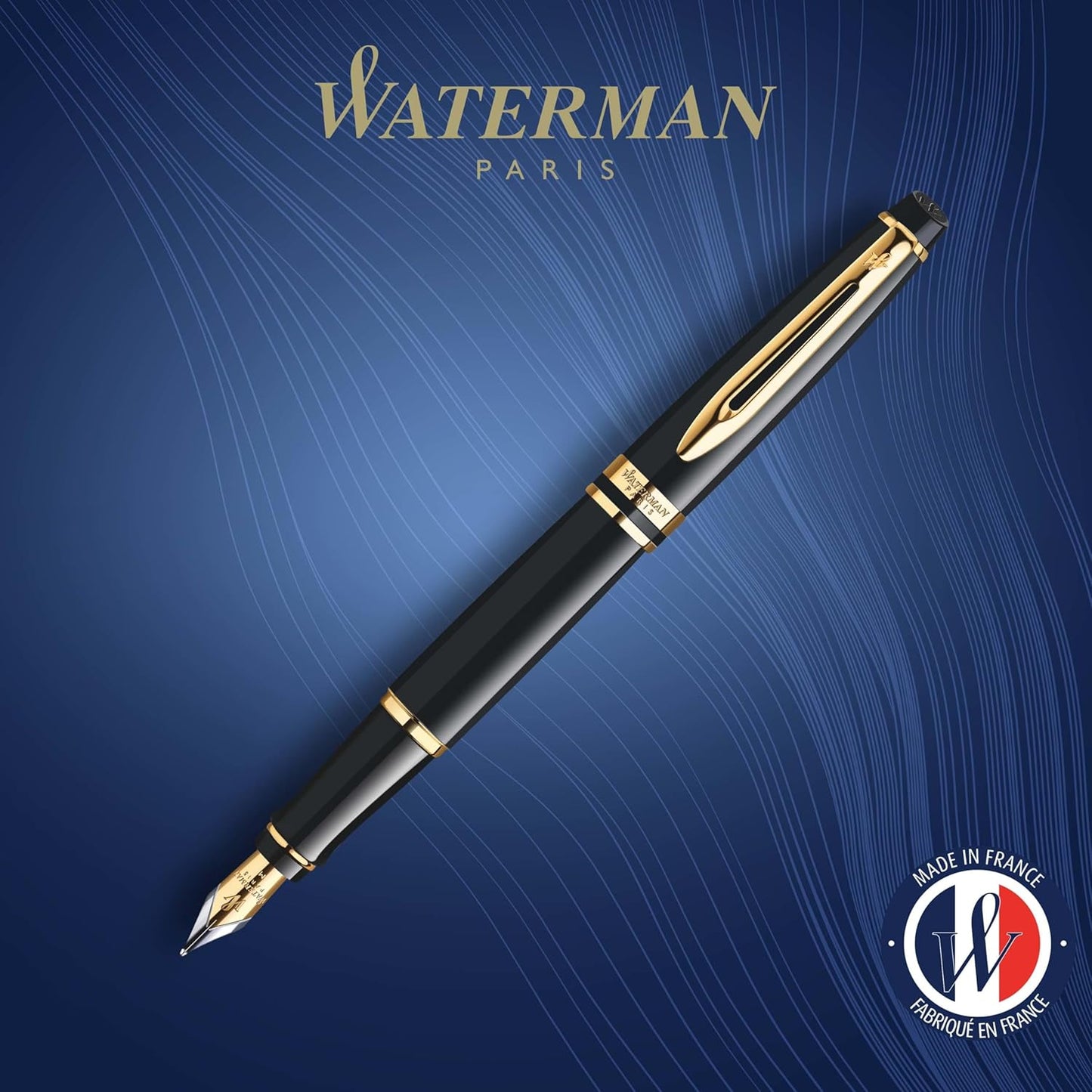 Waterman Expert Fountain Pen, Gloss Black with 23k Gold Trim, Medium Nib, Luxury Pen in Gift Box, Fountain Pen for Writing