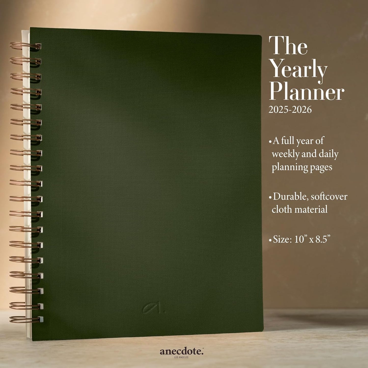 Anecdote 2026 Planner (8.5" x 10") Daily Planner Weekly Monthly Planner - 52 Weeks w/Library Buckram Cover, Brass Spiral - A4 Size Bleed-Resistant Paper – Evergreen