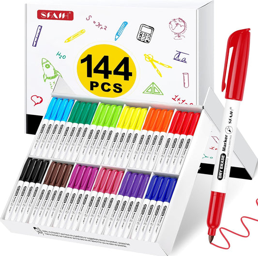 SFAIH Dry Erase Markers Fine Tip 12 Colors, 144 Pack (12 Dozen) - Pre-Sorted in 12-Compartment Tray | Bulk Classroom Organization | Low Odor Whiteboard Markers| 5 Sizes:12/24/48/72/144 Packs