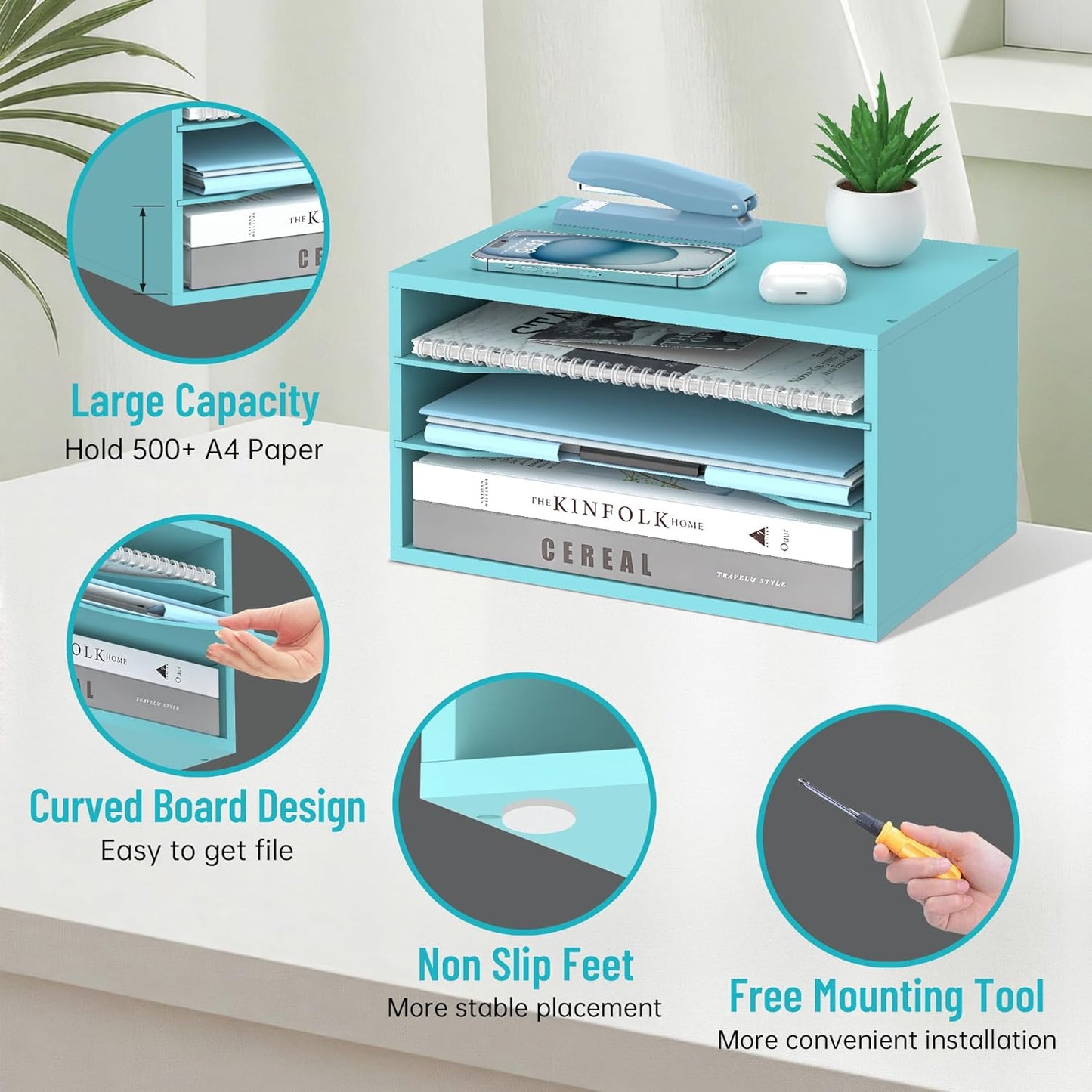 Wood Desk Organizer, 3 Tier Paper Tray Organizer for Desk with Adjustable Storage Shelves, Desktop Paper Sorter Mail Holder for Office Home Classroom, Blue