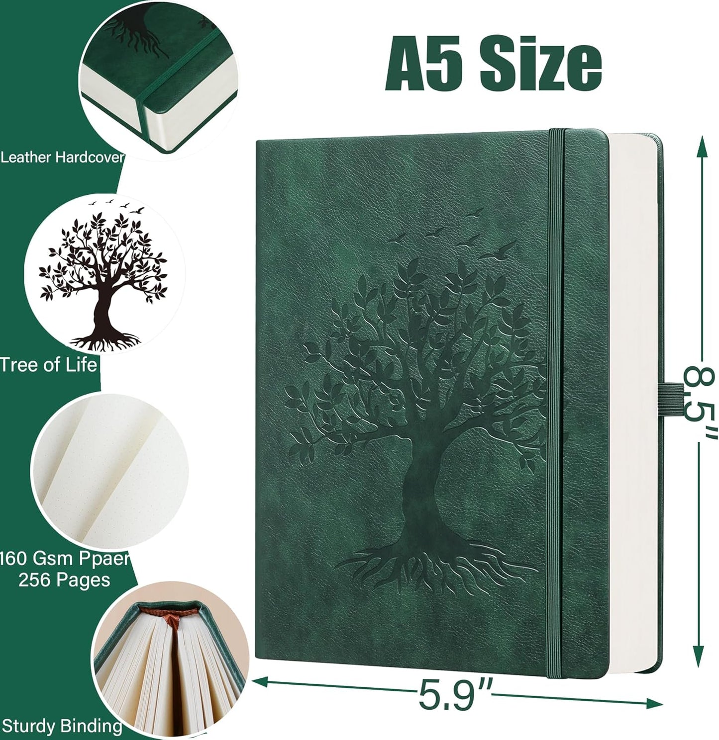 ZXHQ A5 Bullet Dotted Journal Notebook - 150 gsm Thick Paper, 256 Pages, Dot Grid Hardcover, Tree of Life Design, Fine Inner Pocket - 5.9" × 8.5" Dark Green