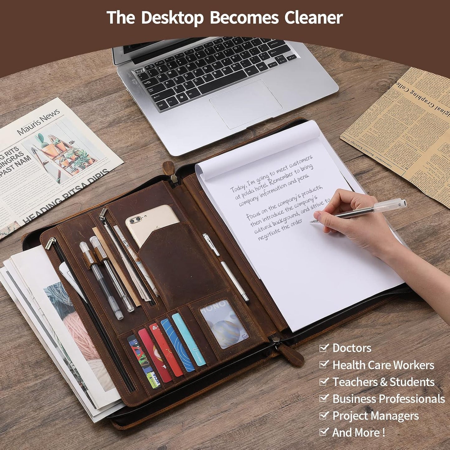 Ringsun Genuine Leather Portfolio Organizer for Men Women with Handle, Full Grain Leather Padfolio Folder with Zipper Business Resume Portfolio for 12.9" iPad, Brown, RS118