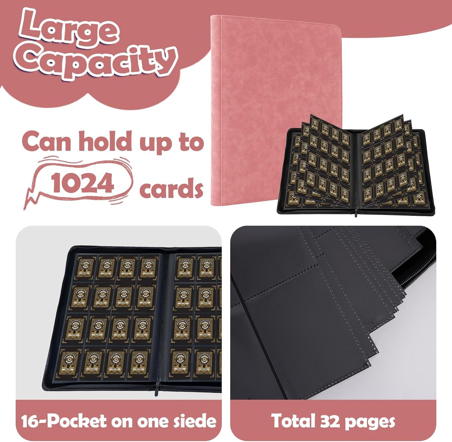 1000+ Pockets Trading Card Binder, 16 Pockets Trading Card Binder Ringless Side Loading Trading Card Album Folder for TCG,MTG,Sports Cards(Pink)