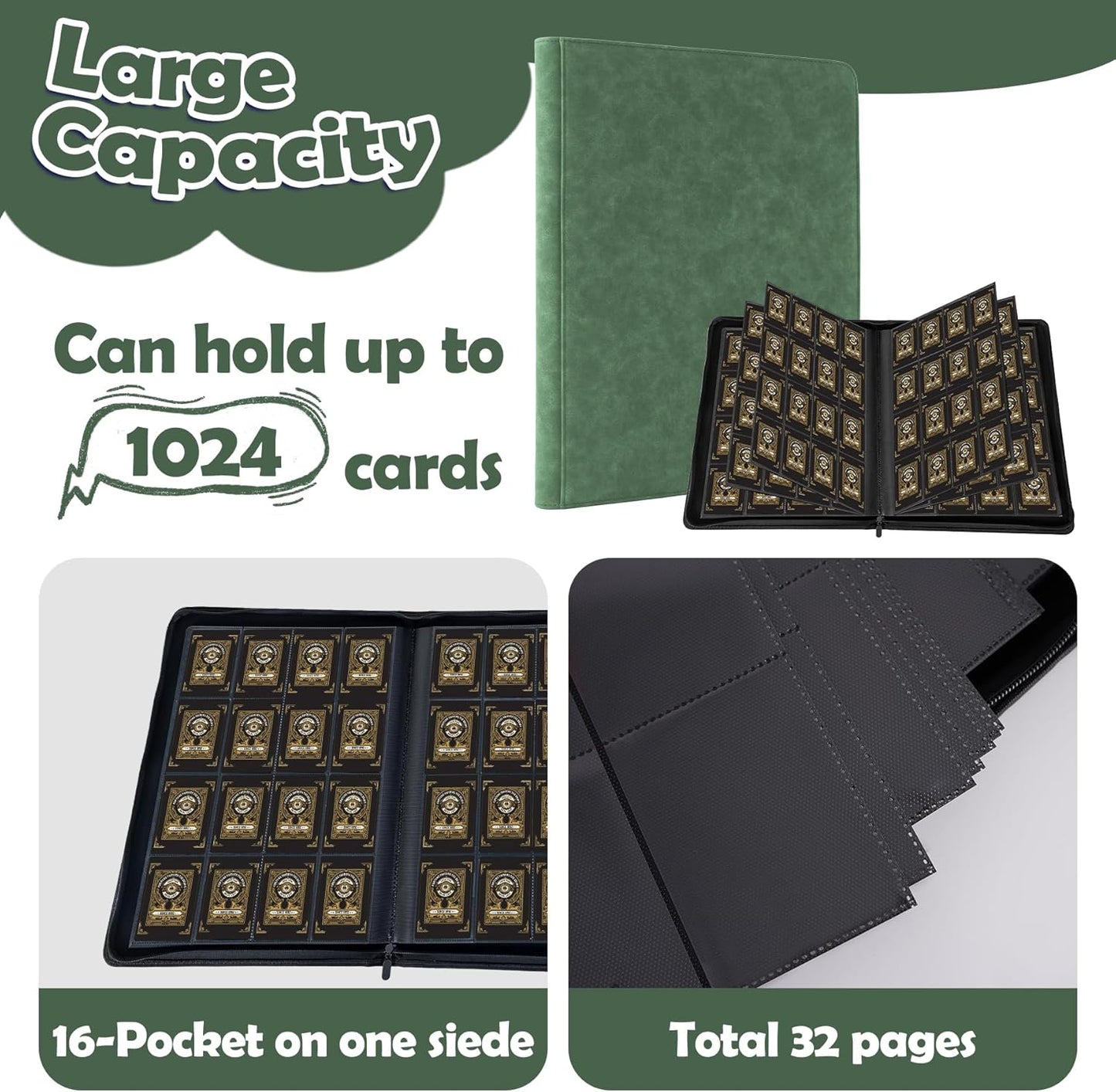 1000+ Pockets Card Binder,16 Pockets Trading Card Binder Ringless Side Loading Trading Card Album Folder for YuGiOh,MTG,TCG,Game Cards,Sports Cards,Business Cards(Dark Green)