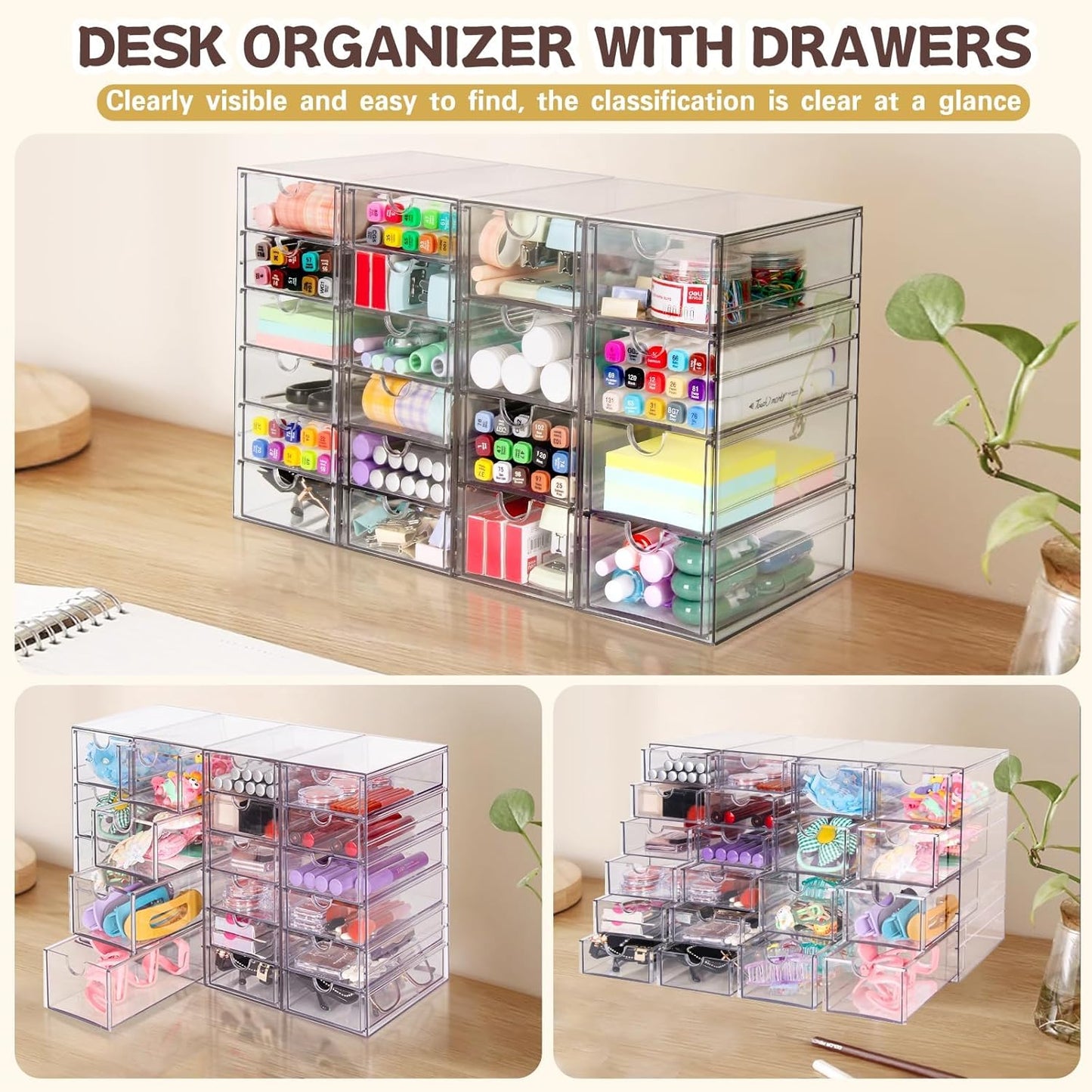 Acrylic Organizer with Drawers | 20 Drawers 4 Sets | Desk Organizer and Storage, Clear Makeup Organization, For Office/Art Supply/Craft Storage and Organization