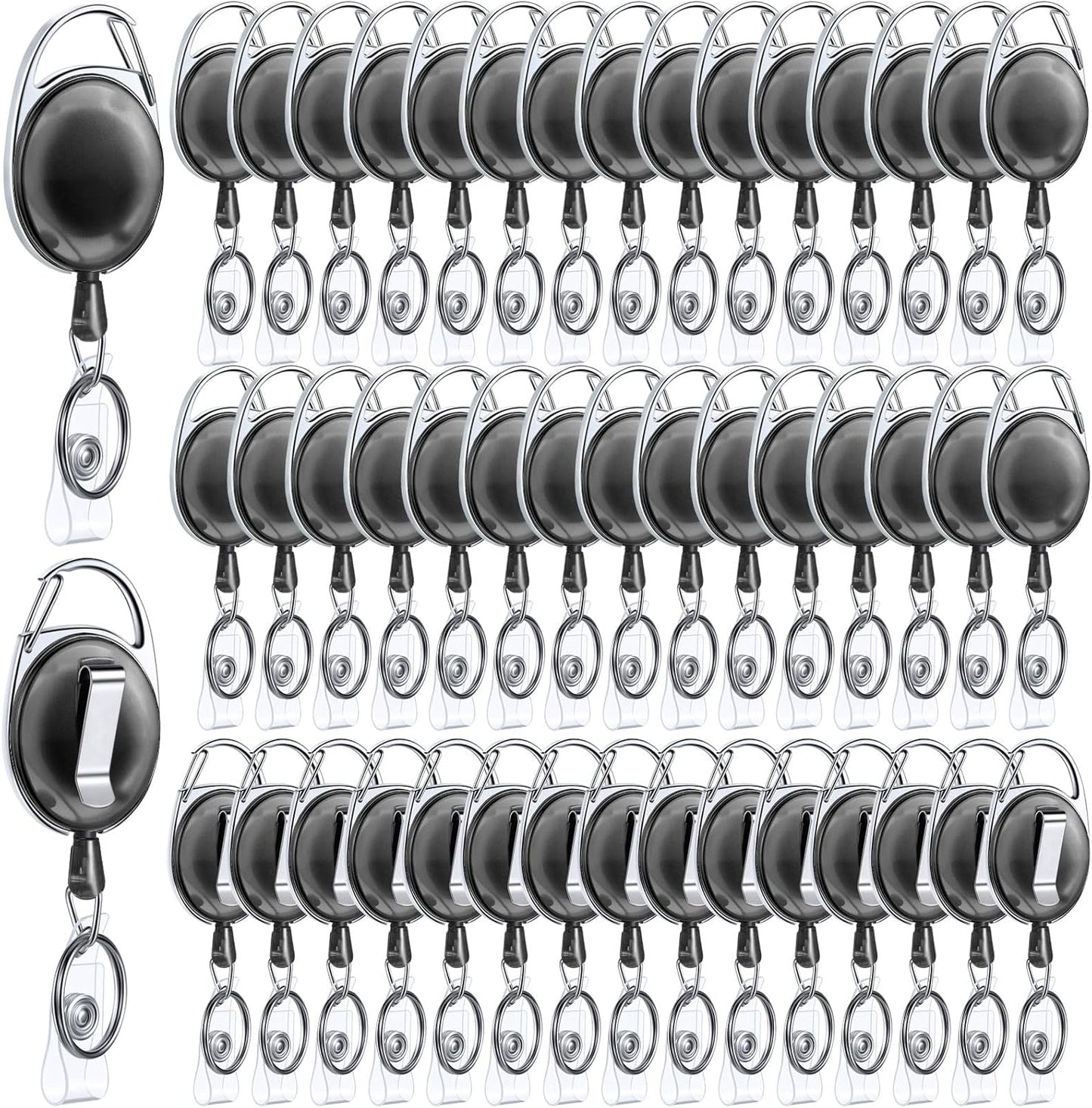 Honoson 50 Pcs Heavy Duty Retractable Badge Reels Batch ID Badge Holder Retractable Clip Bulk Key Holder with Ring for Office Worker Employee, Doctor Nurse Gifts (Clear Black)