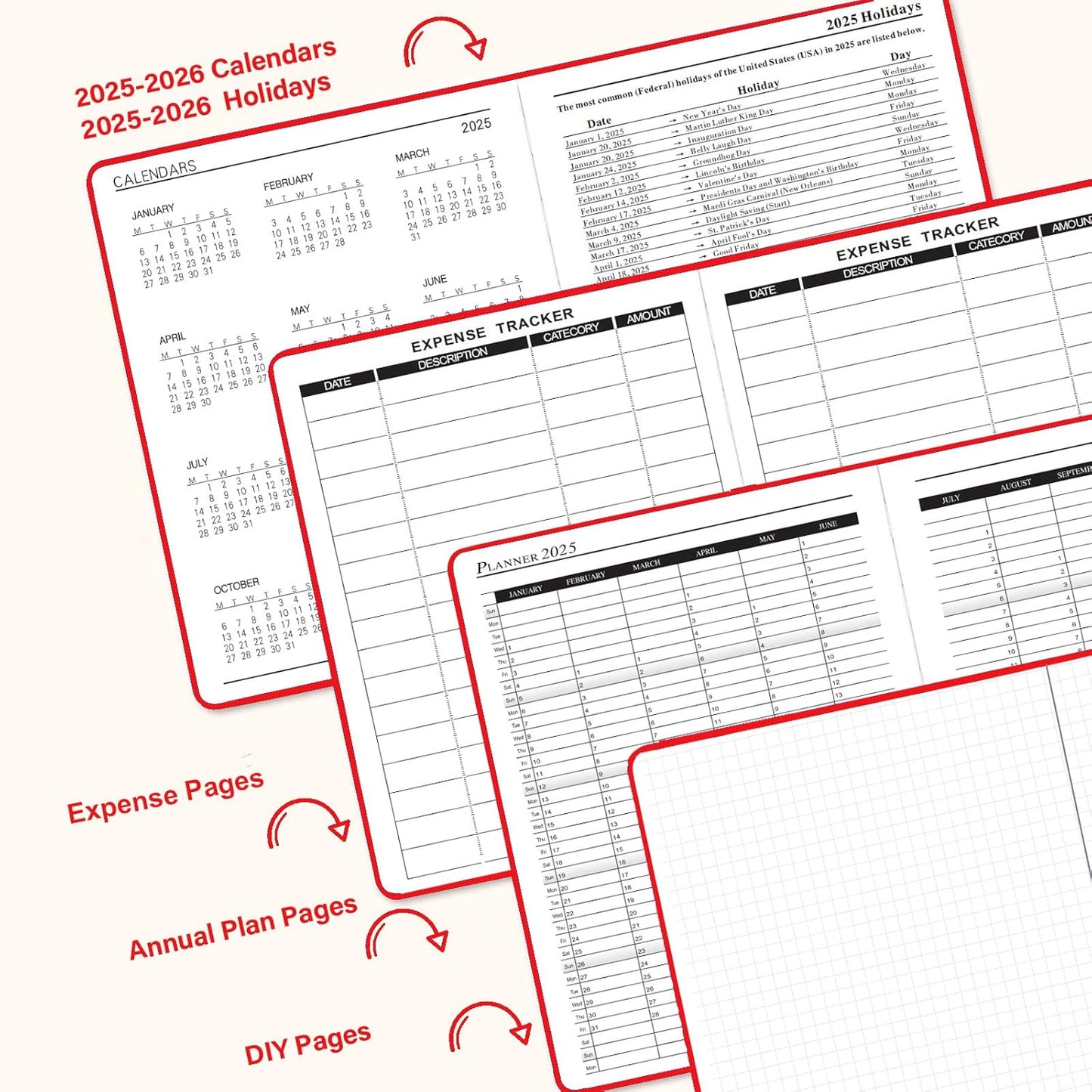 Daily Planner 2025-2026, Academic Planner 2025-2026 Weekly and Monthly Planner, Calendar Book with Hourly Schedule 8.5"x5.8", July 2025 to June 2026, Faux Leather Cover (Red)