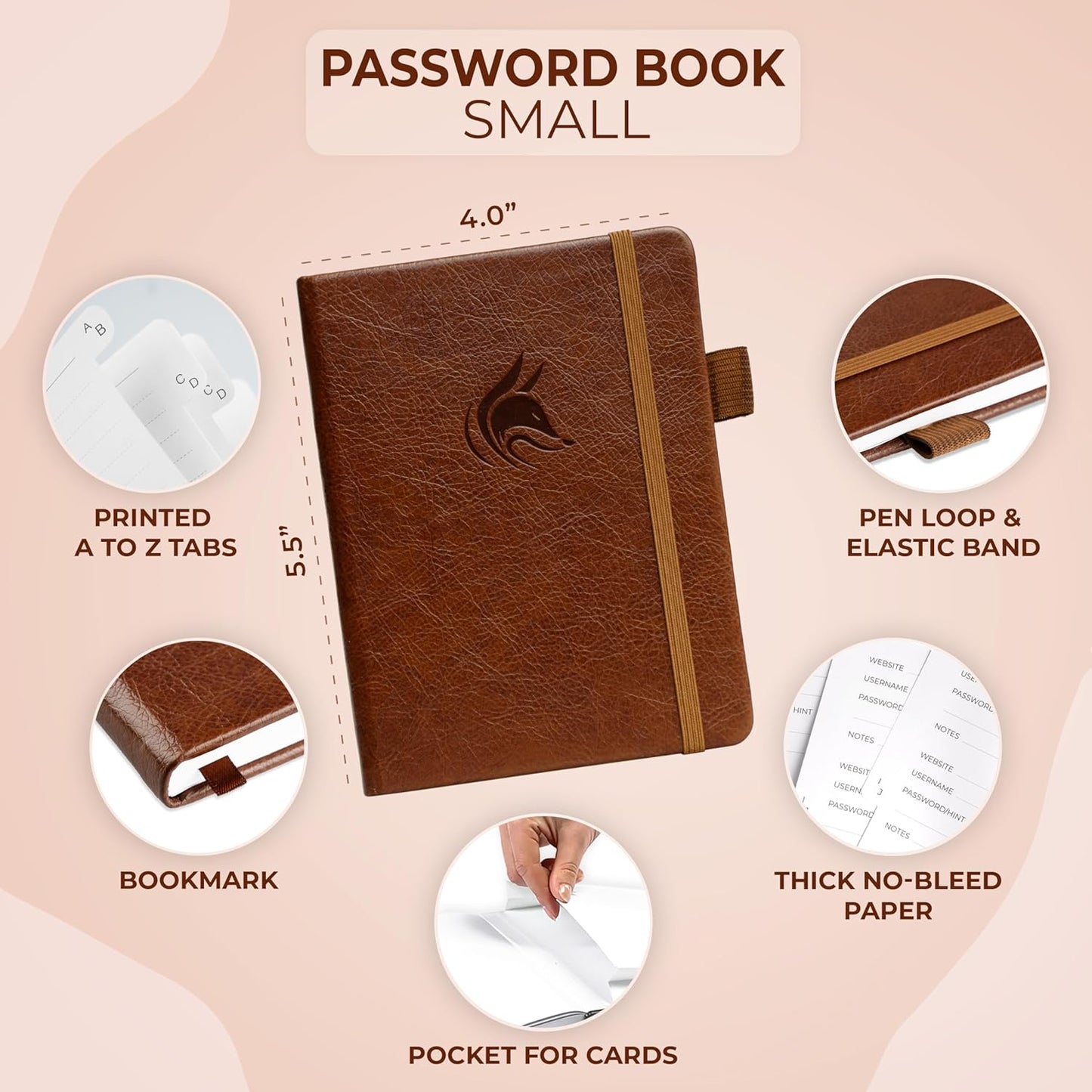 Clever Fox Password Book with alphabetical tabs. Internet Address Organizer Logbook. Small Pocket Password Keeper for Website Logins (Brown)