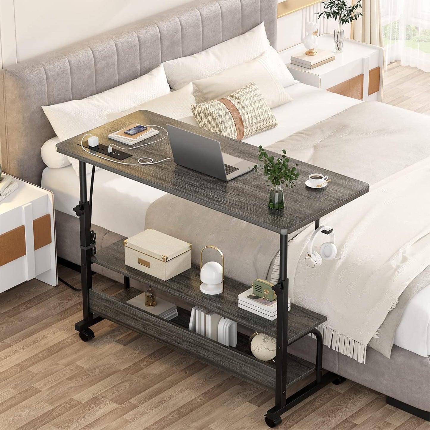 Height Adjustable Standing Desk with Power Outlets, 39" Manual Stand Up Desk with Storage Shelves Small Mobile Rolling Computer Desk Portable Laptop Table with Wheels for Home Office, Grey Oak