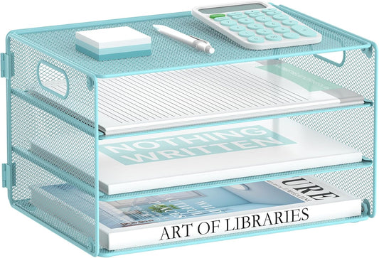 DALTACK 3 Tier Letter Tray Paper Organizer with Handle, Mesh Desk File Organizer, Paper Tray Desk Organizer for School Office Home, Metal Mesh, Light Blue