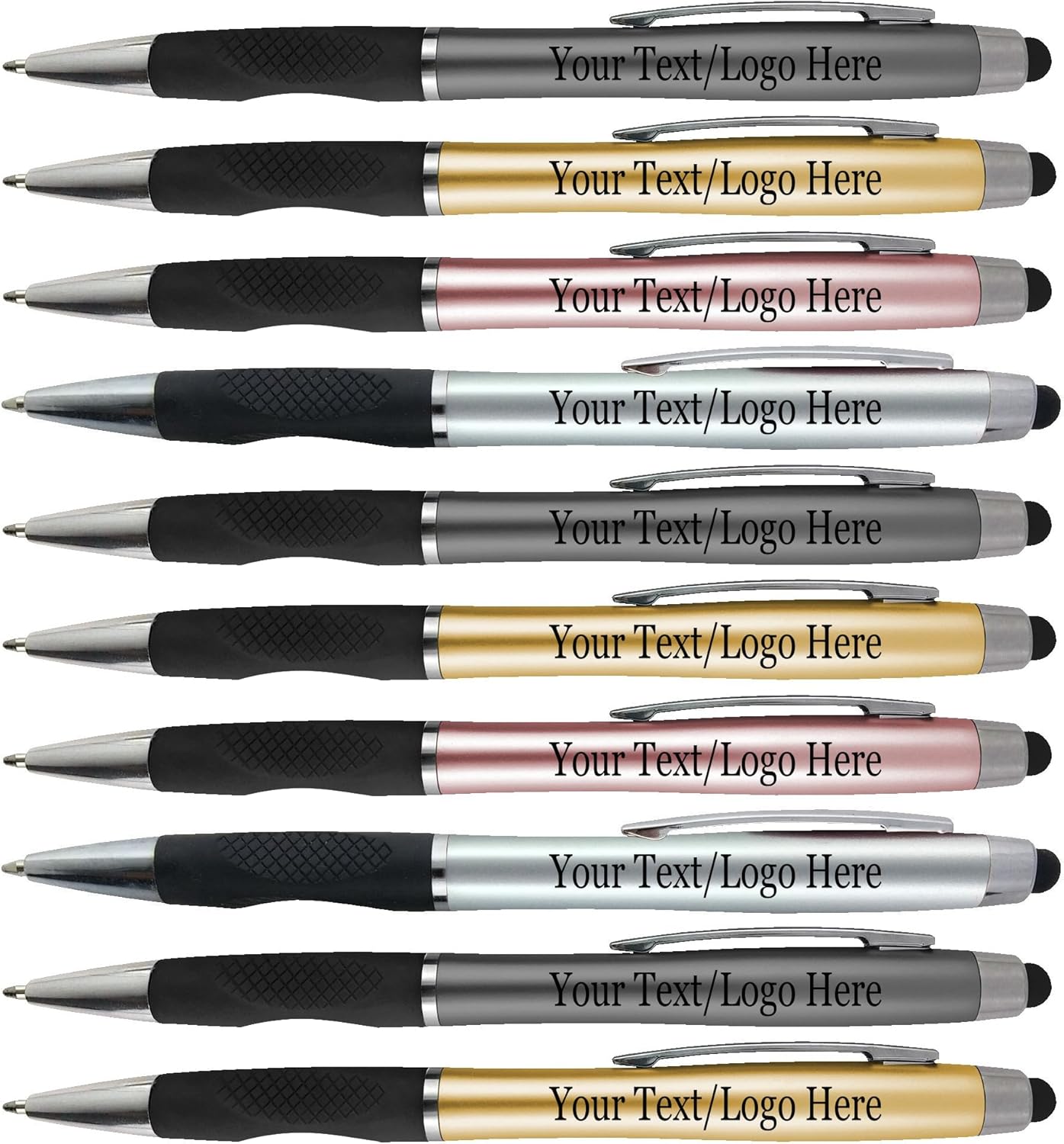 Personalized Pens With your Custom Logo or Text-300 Pack Bulk-for Businesses, Parties, and Events, 2 in 1 Ballpoint Pen + Capacitive Stylus for Touchscreen Devices, Light Assorted Barrels, Blue Ink