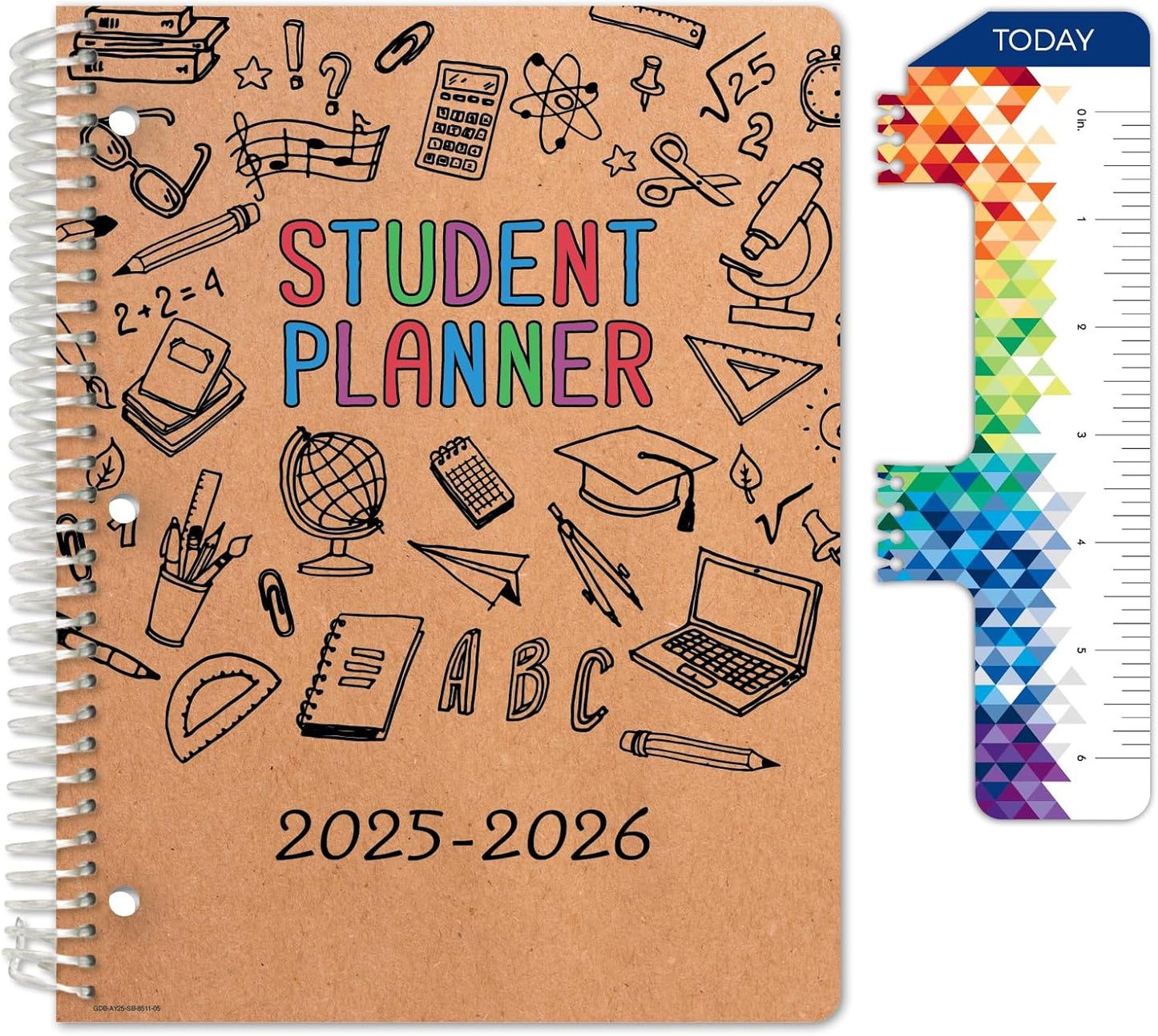 Global Datebooks Dated Middle School or High School Student Planner for Academic Year 2025-2026 Includes Ruler/Bookmark and Planning Stickers (Block Style - 8.5"x11" - Kraft Doodles)