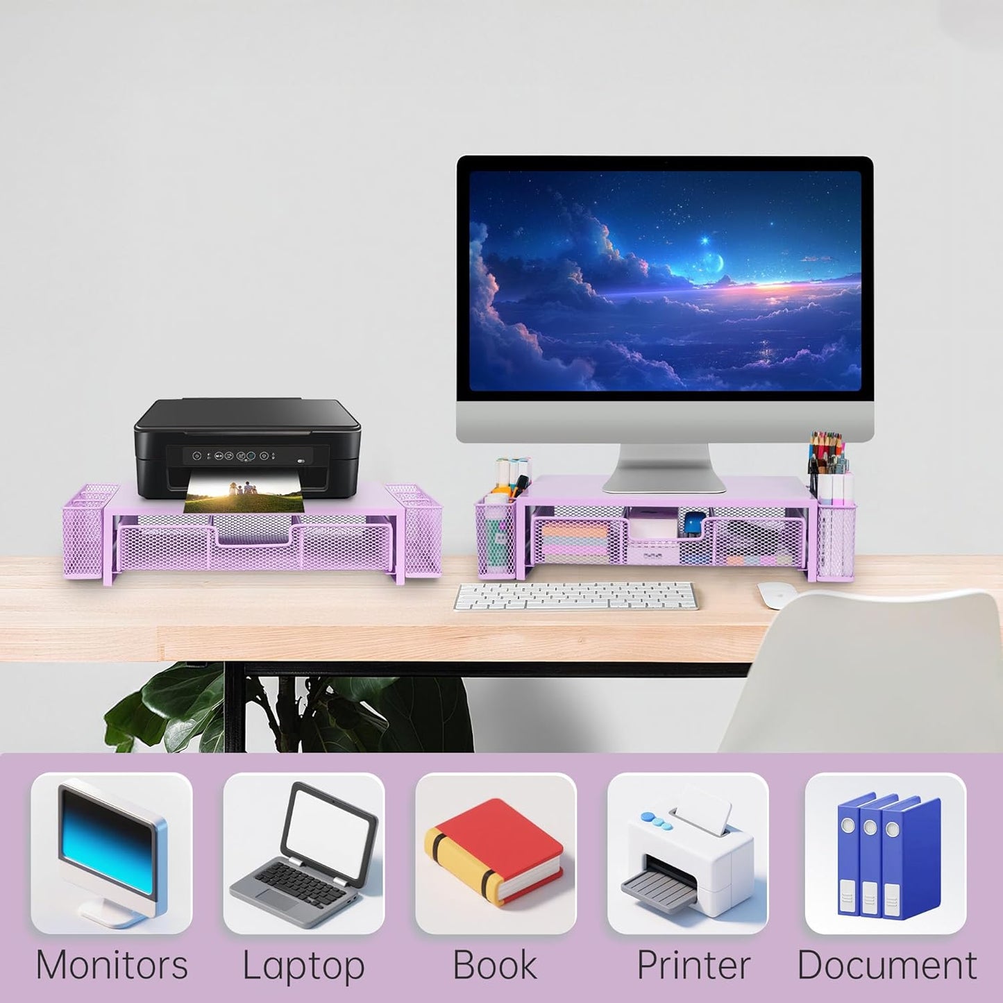 Computer Monitor Stand Riser with Drawer and Pen Holders, Desk Organizer Shelf and Accessories, Office Desk Accessories, Office Organization, Purple