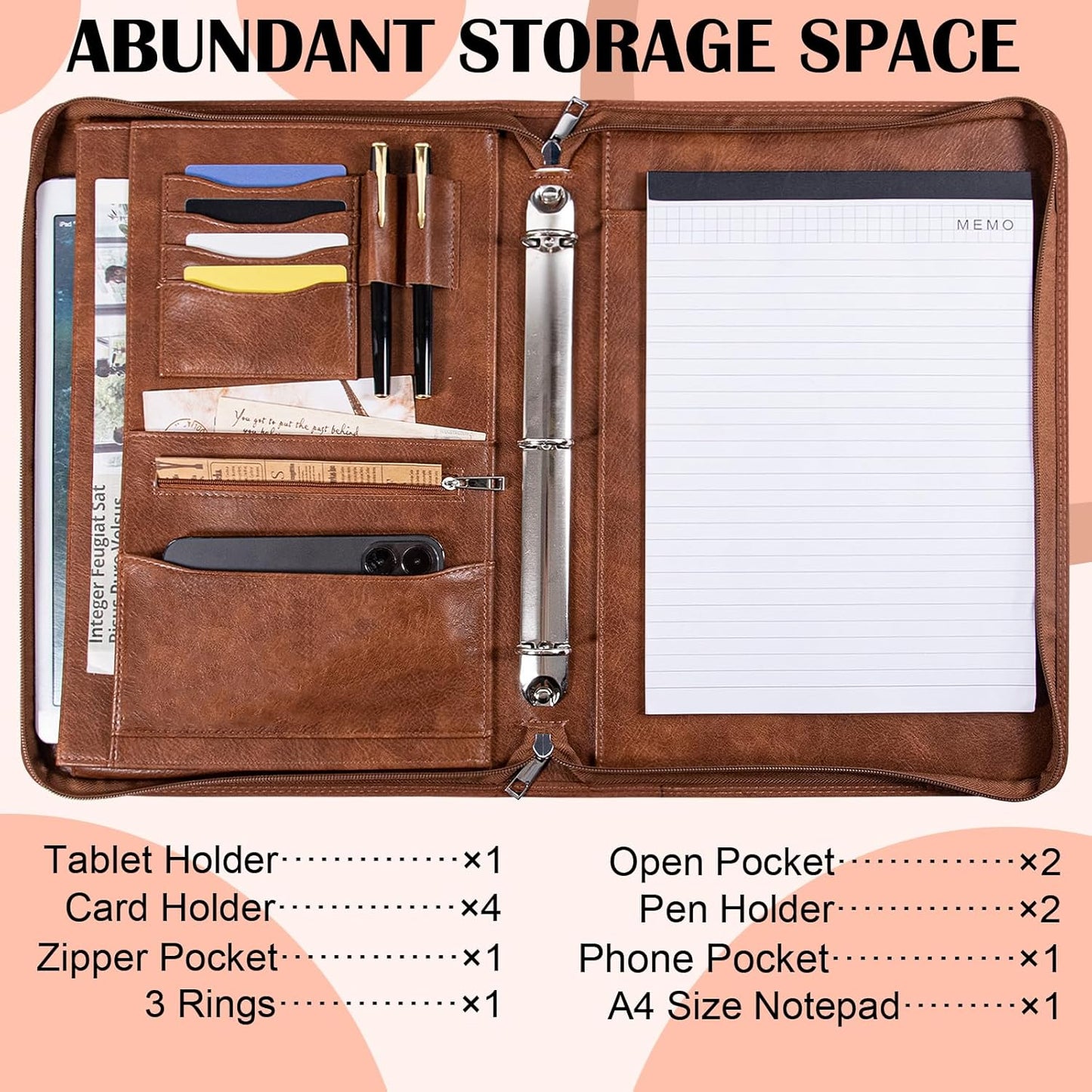 Calfinder 3 Ring Portfolio Binder,PU Leather Padtfolio Binder with Zipper,Padfolios for Women&Men,Professional Business Portfolio Organizer for Resume/Interview, A4 Letter Document Organizer