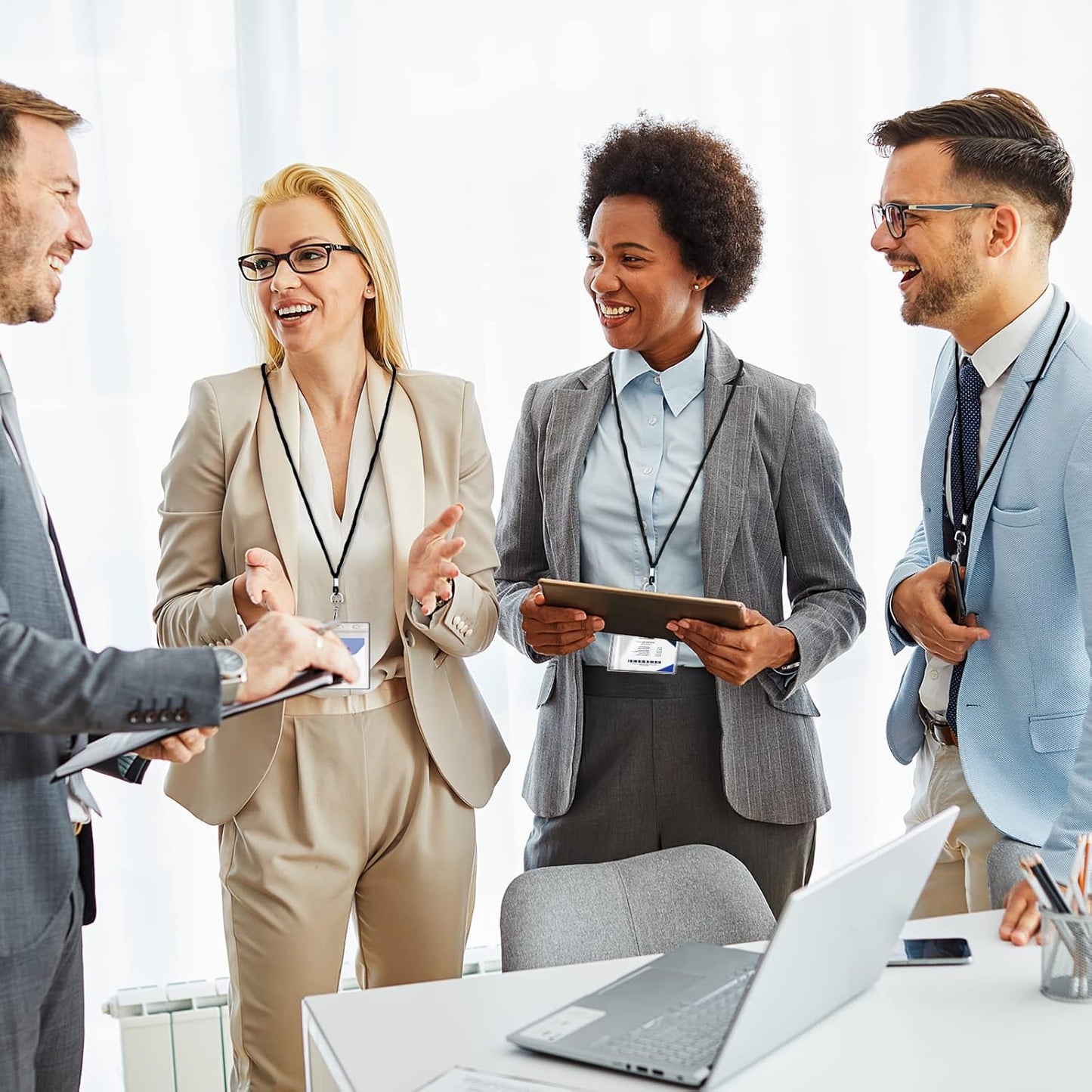 100Pcs Clear Plastic Horizontal Name Tag Badge ID Card Holders and 100Pcs Black Neck Lanyards with Swivel Hook for School, Office, Business