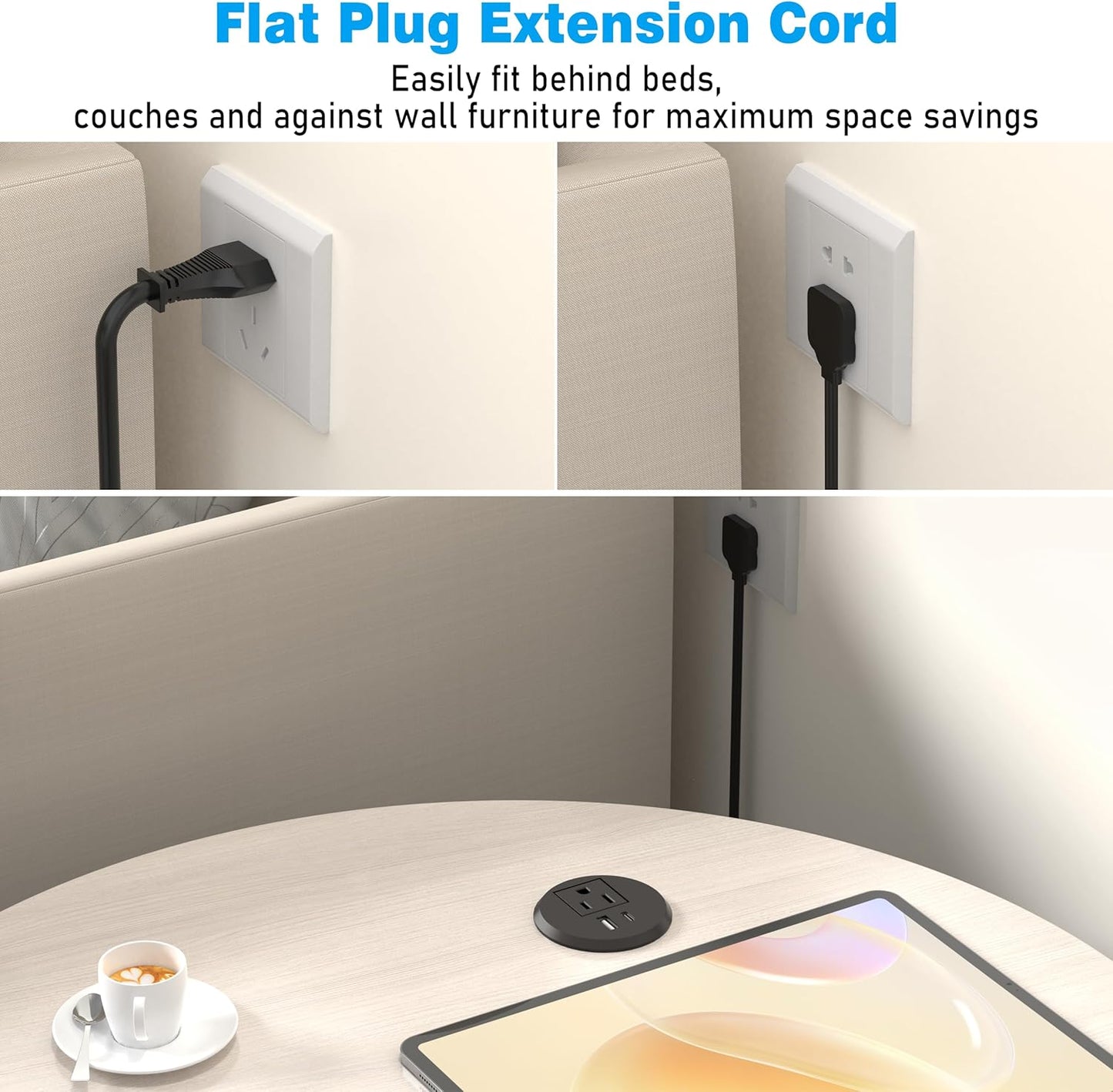 2 inch Desk Power Grommet Outlet, Flat Plug Recessed Outlet with 20W USB-C Fast Charging, for Conference Rooms, Office Tables, Furniture, 6FT Cord(ETL Listed)