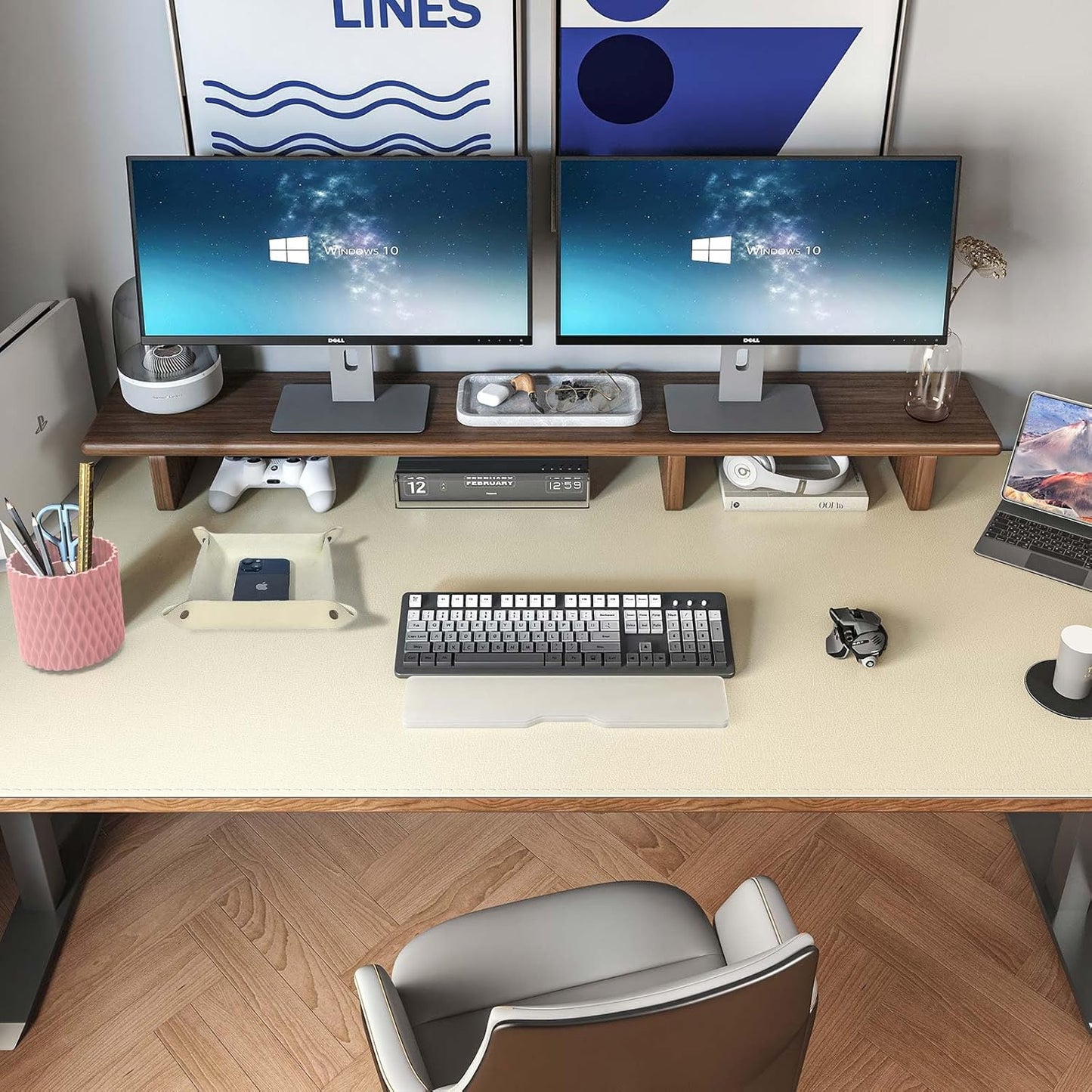 DAWNTREES Dual Sided Desk Mat,Khaki Leather Desk Pad,47.2''x23.6'',Cork Desk Mat Protector,120x60cm Extra Large Mouse Pad,with PU Leather Valet Tray Organizer,Desk Writing Pad for Office and Home