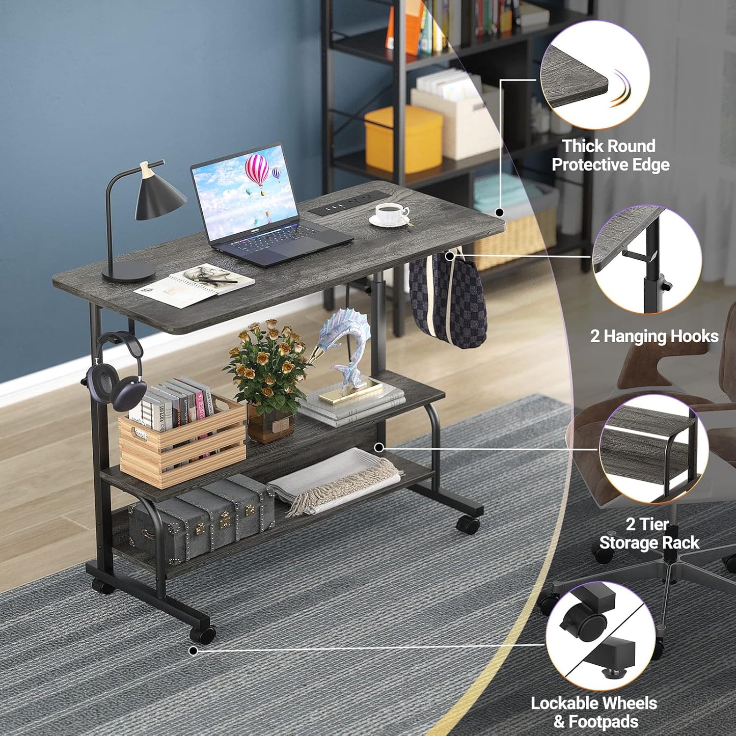 Height Adjustable Standing Desk with Power Outlets, 32" Manual Stand Up Desk with Storage Shelves Small Mobile Rolling Computer Desk Portable Laptop Table with Wheels for Home Office, Grey Oak
