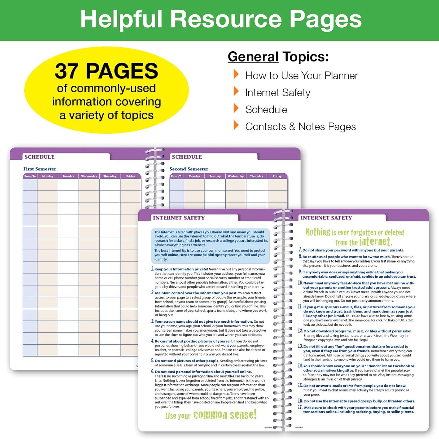 Global Datebooks Dated Middle School or High School Student Planner for Academic Year 2025-2026 Includes Ruler/Bookmark and Planning Stickers (Block Style - 5.5"x8.5" - Blue Colors)