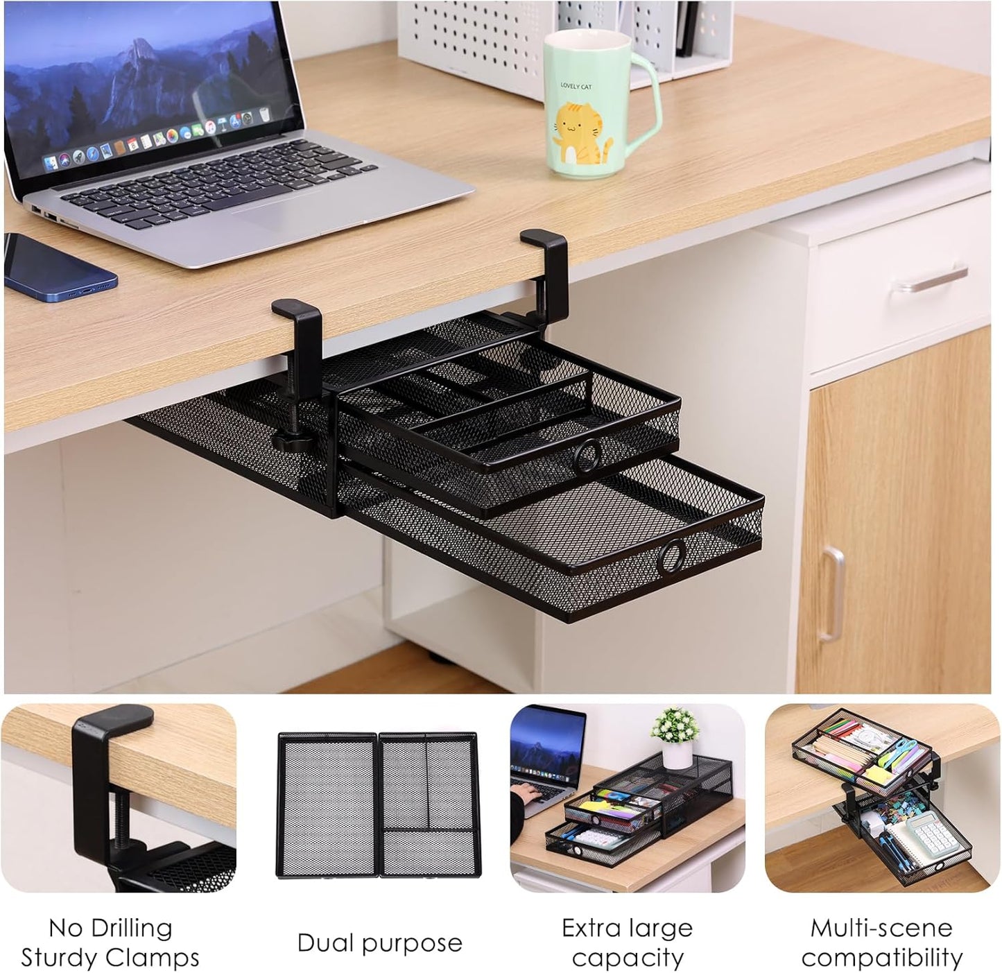 2-Tier Clamp-On Mesh Organizer, Under Desk Storage with Slide-Out Tray, No Drilling Tool-Free Installation, Durable Rust-Resistant Metal, Large-Capacity Organizer.