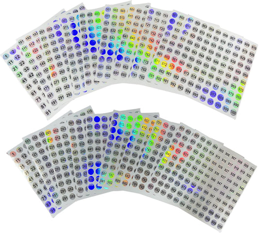 20 Sheets 1 to 1000 Waterproof Reflective Laser Number Stickers,Round Self Adhesive Stickers/Inventory/Storage Organizing Sticker