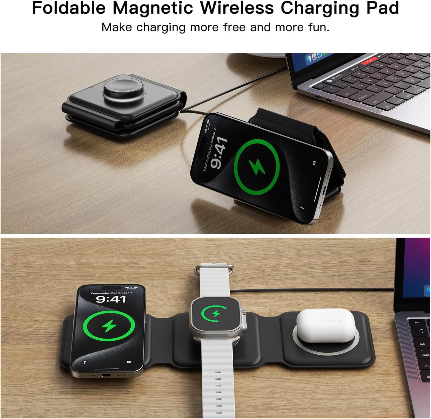 ESSAGER 3 in 1 Foldable Wireless Charger for iPhone 16/15/14/13/12/11 Series, Magnetic Wireless Charging Station, Travel Wireless Fast Charging Pad for Airpods 4/3/2/Pro, iWatch (3 in 1, Black)