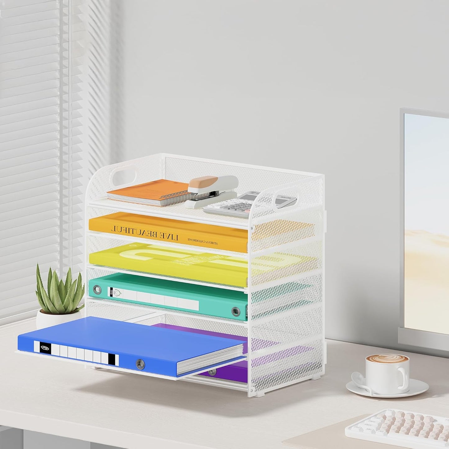 6 Tier Paper Organizer with Handle, Metal Desk Organizer Mesh Paper Letter Tray Desktop File Folder Document Sorter for Classroom, School, Office Accessories Organization and Storage - White