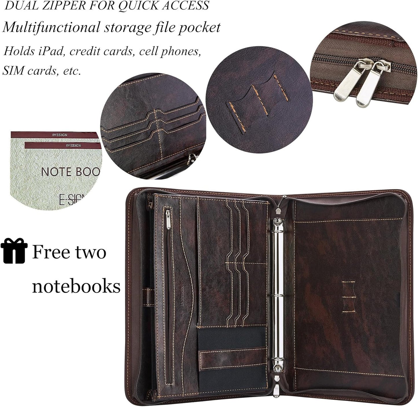 IVESIGN Zippered Padfolio Binder, Faux Leather Organizer with 3-Ring Binder, Left-Handed Design, Business Card Slots & Document Folders - Professional Padfolio for Office (Dark Brown)