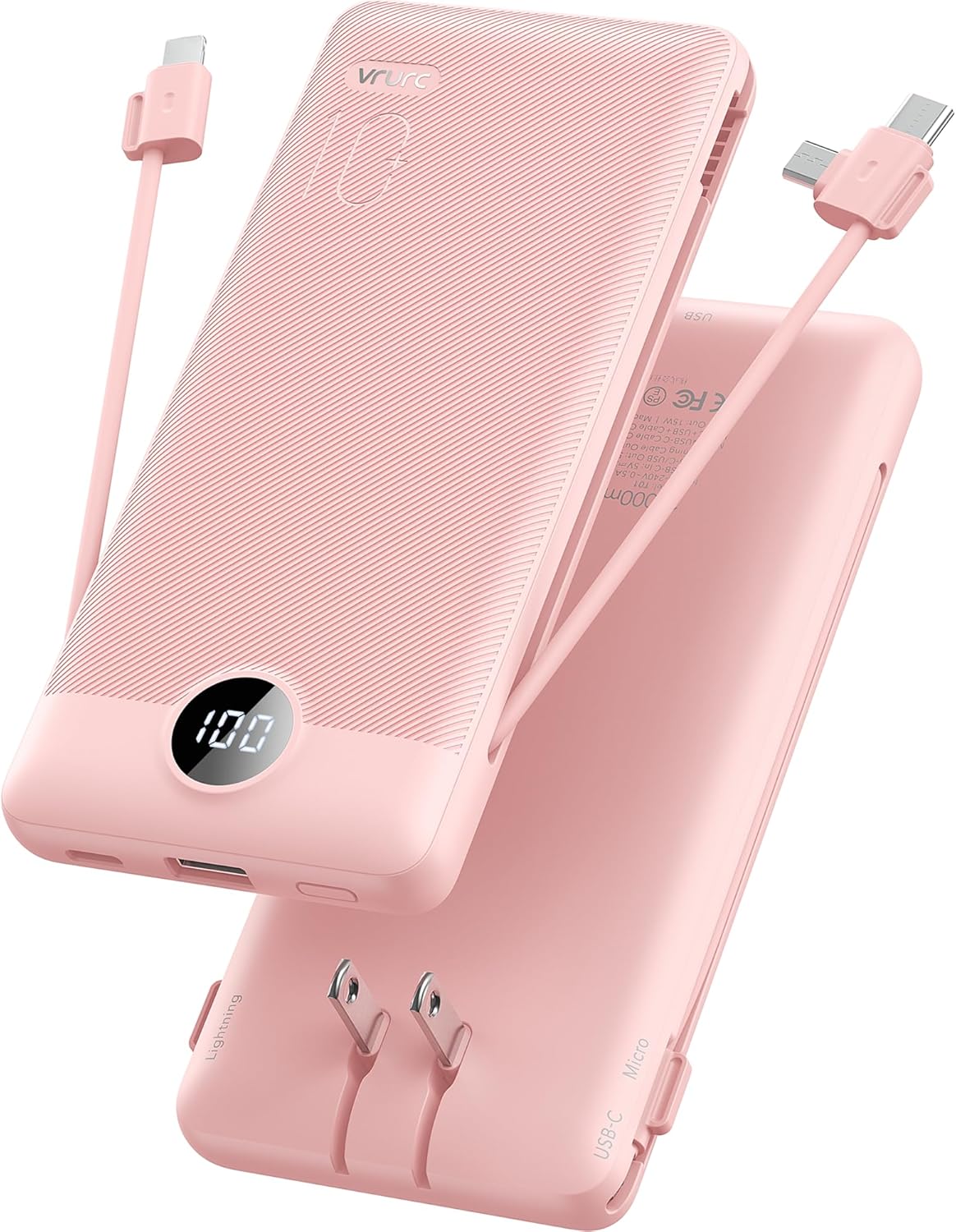VRURC Portable Charger Built-in Cables and AC Wall Plug, USB C Power Bank 10000mAh, Travel Essentials Phone Charger Compact Lightweight External Battery Pack for Smart Phones, Tablets etc-Pink