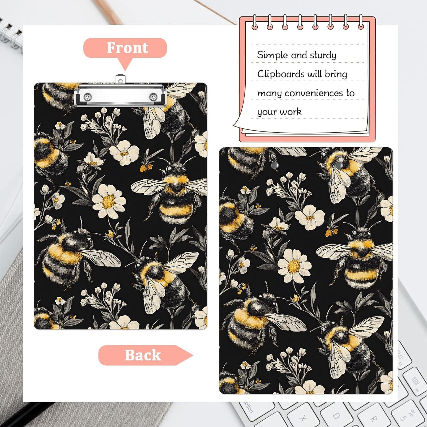 Honeybee White Daisy Plastic Clipboards,Cute Fashion Clipboard Decorative 8.5" x 12.5"Standard A4 Size Clipboards,Acrylic Clipboard for Teacher,Social Worker,Students,Nurse,Office Supplies