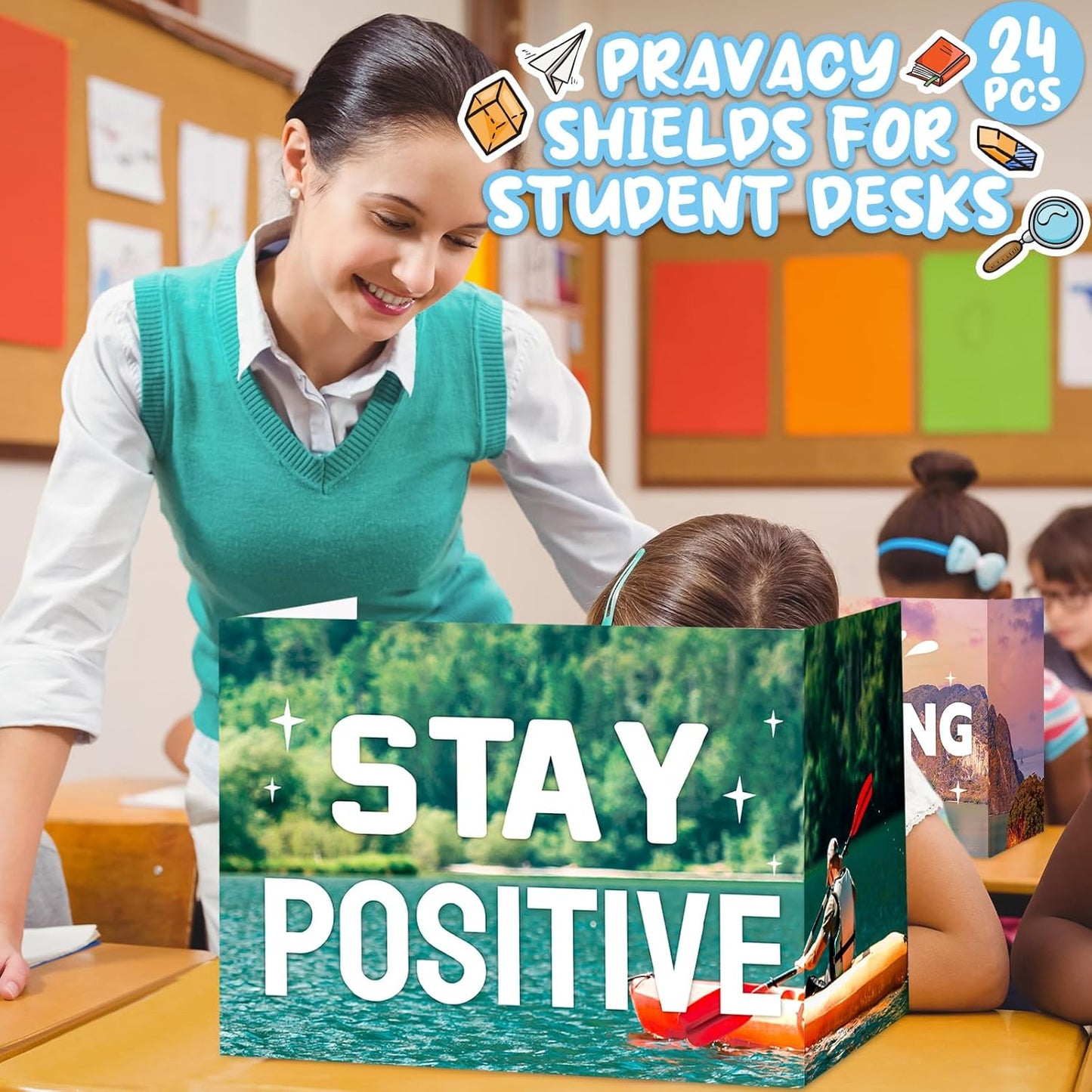 Honoson 24 Pcs Bulk Inspirational Privacy Folders for Students Cardboard Test Privacy Boards Motivational Words Desk Dividers Shield for Classroom School Study Supplies, 6 Styles(Scene)