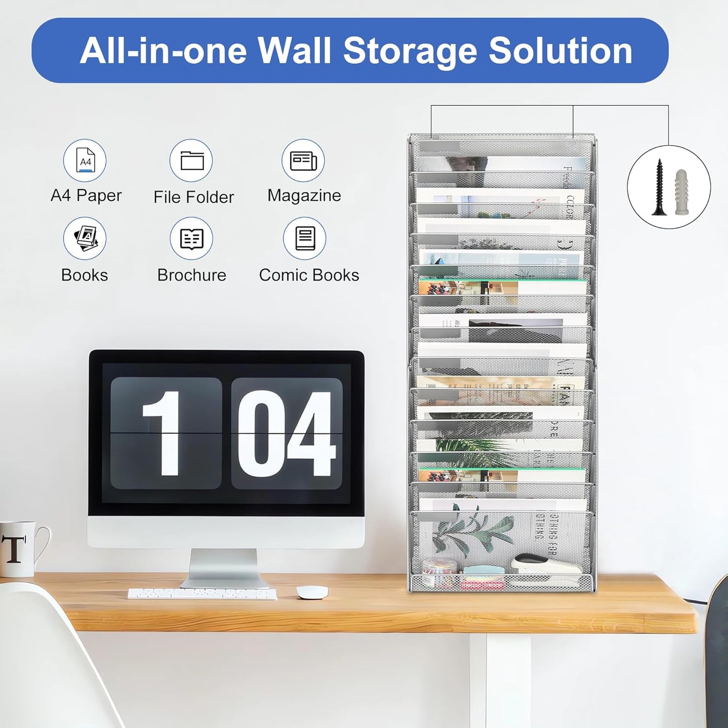 EasyPAG Wall File Holder Organizer 14 Tier Mesh Hanging Wall Mounted Document Paper Folder Filing Magazine Rack with Nametag Label for Office Home School, Silver