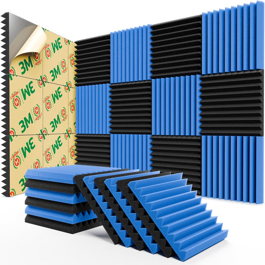 12 Pack Sound Proof Foam Panels for Walls,Self-Adhesive Foam Acoustic Panels Sound Absorbing,High Density Quick-Recovery Soundproof Wall Panels 12" X 12" X 1"-Black and Blue