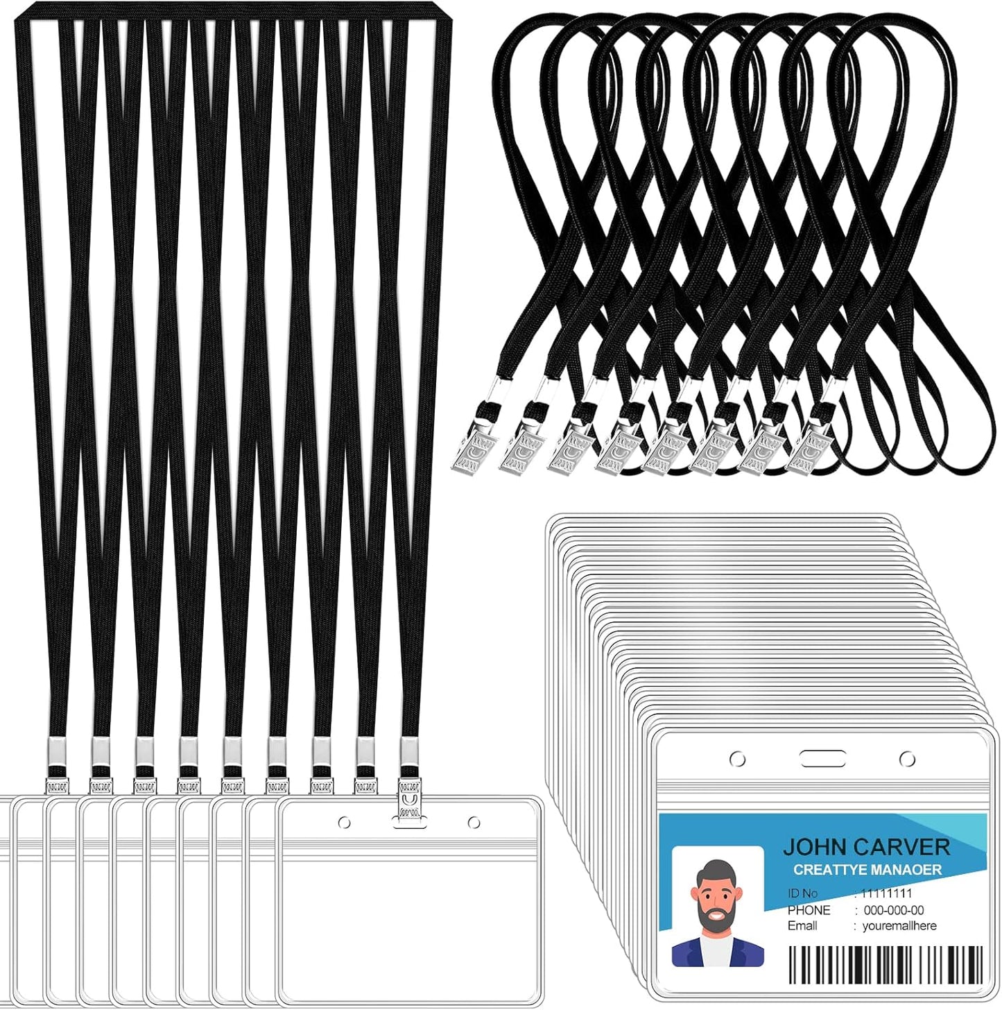 100 Pcs Clear Horizontal Badge Id Card and 100 Pcs Lanyard, Reusable Lanyards for Id Badge Holder Name Tag Badge Holder with Lanyards for Adults Kids Business School Conferences (Black)