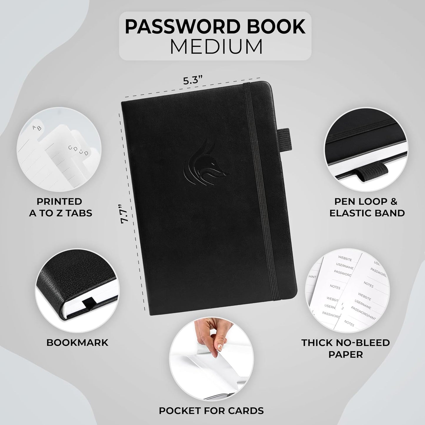 Clever Fox Password Book with alphabetical tabs. Internet Address Organizer Logbook. Medium Password Keeper for Website Logins (Black)