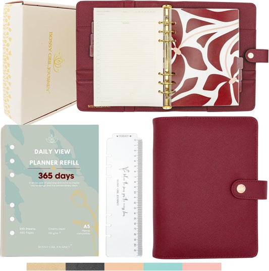 Bossy Girl Journey - A5 Daily Planner Binder – Undated Time Blocking Refillable Organizer for Women with 110gsm Paper, PU Leather Cover, Stickers, Dividers, Pen Loop, Gift Box – Goal Setting & Productivity (Granate)