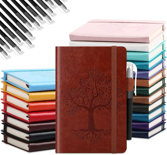 Estune Tree Small Notebooks Pen Leather Lined Pocket Subject Notebooks Hardcover Pocket Notepad Cute Ruled Leather Journals with Pen Holder for Men Women School Business, A6(Stylish Color,20 Set)