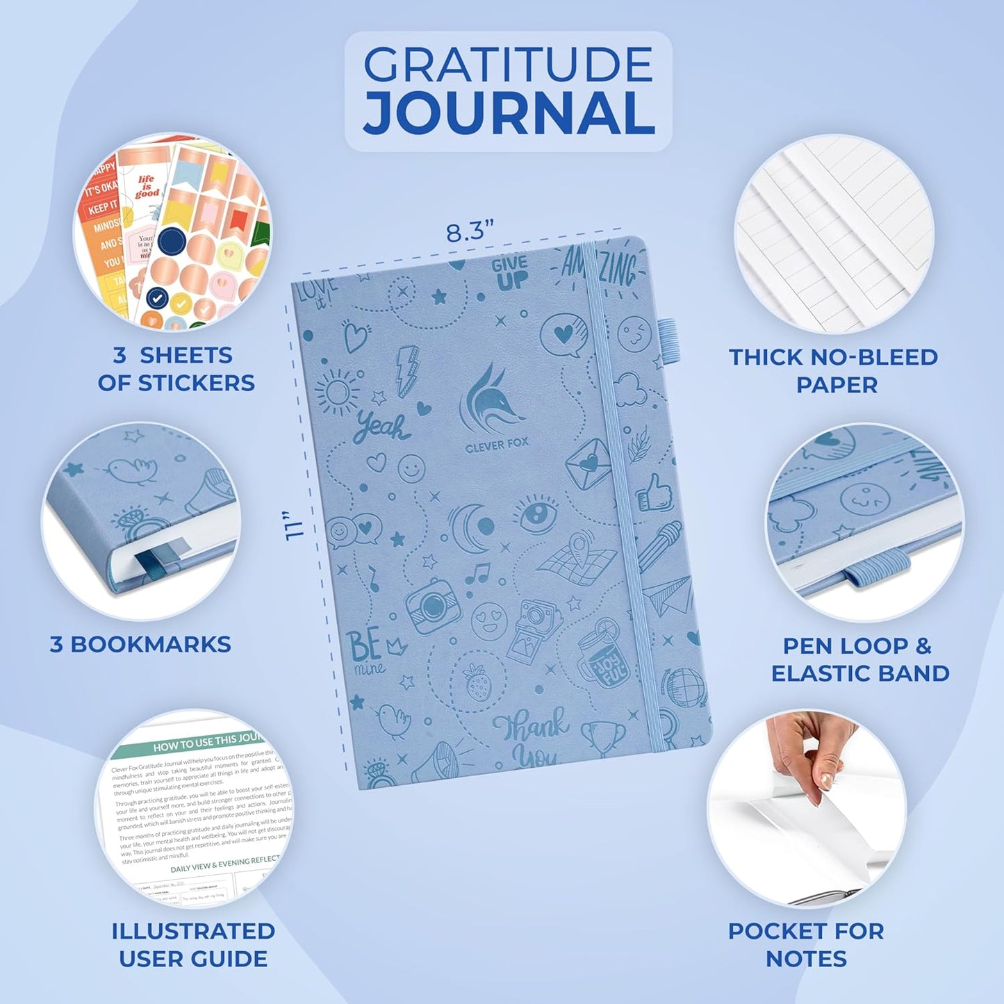 Clever Fox Gratitude Journal Large – Happiness, Positivity & Affirmation Journal – Inspirational Daily Notebook, 3 Months, 8.3x11” (Periwinkle)