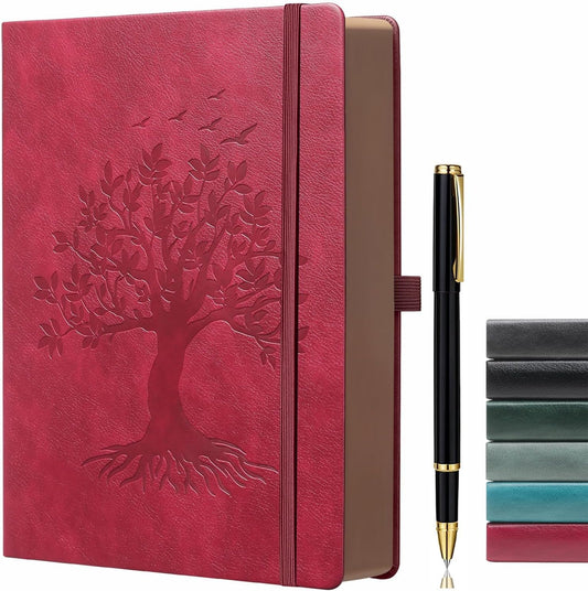 ZXHQ A5 360 Pages Lined Journaling Notebooks with Pen, Journals for Women Men Writing Notebook, Tree of Life Design, Brown Edge Fine Inner Pocket - Wine Red