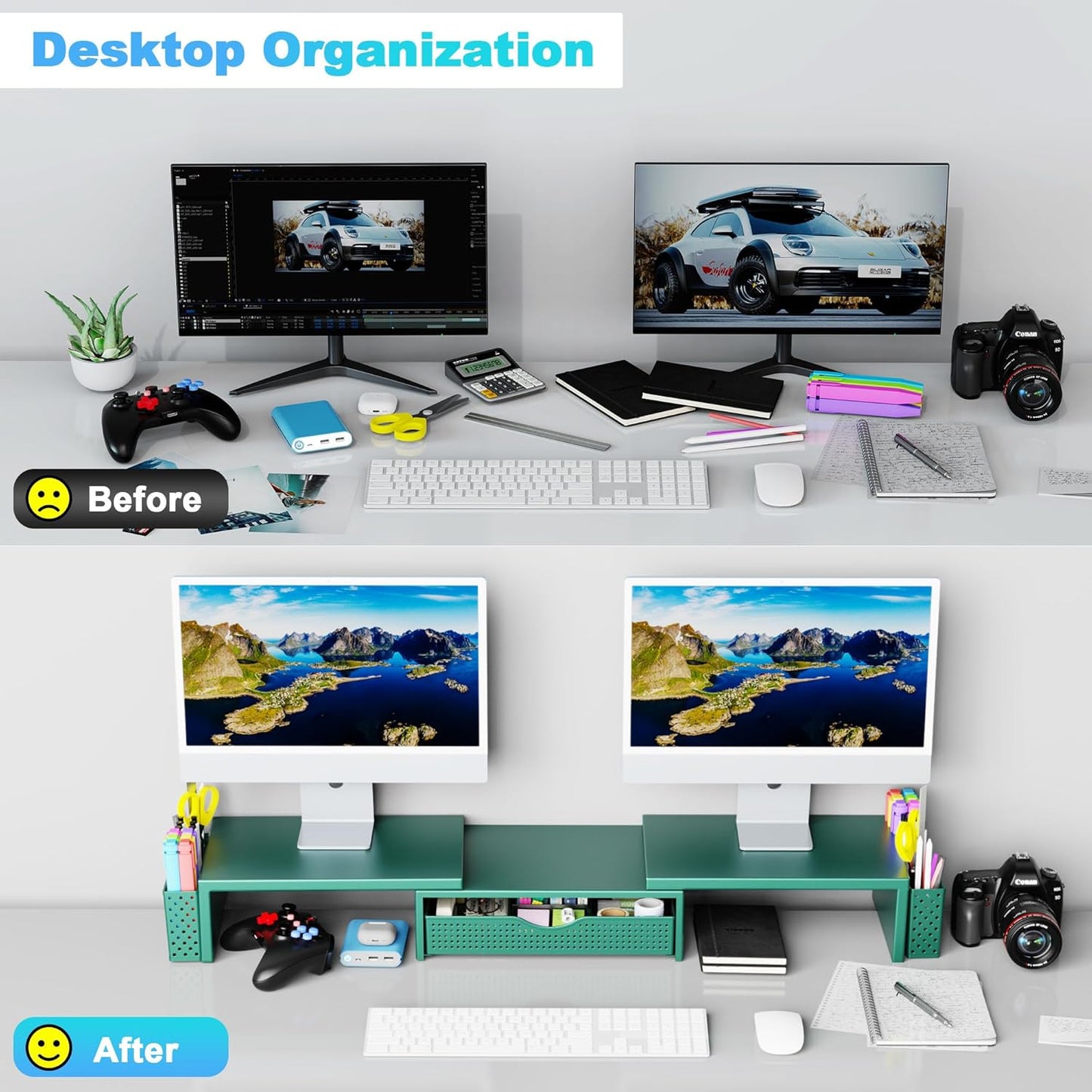 Spacrea Metal Desk Organizers and Accessories, Dual Monitor Stand Riser with Drawer and 2 Pen Holders, Desk Accessories & Workspace Desktop Organizers for Office Supplies (Dark Gree)