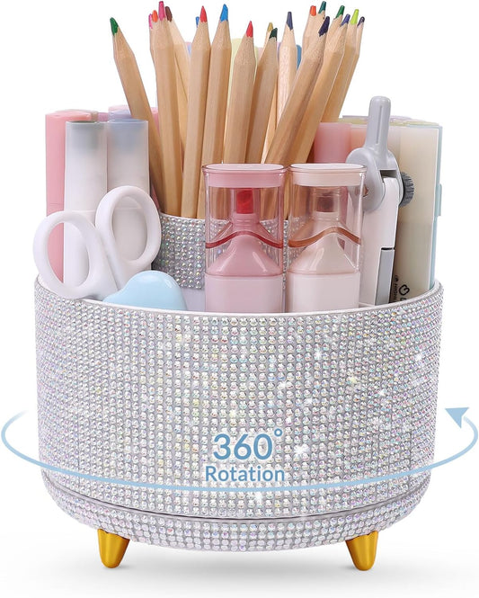 SKYDUE 360 Degree Rotating Desk Organizer, Shining Dual-Purpose Rhinestone Pencil Pen Holder, Rotating Desk Pen Organizer with 5 Slots, Rhinestone Pencil Cup for Office, School, Home
