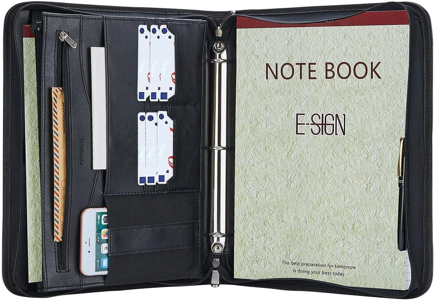 IVESIGN Zippered Padfolio Binder, Faux Leather Organizer with 3-Ring Binder, Left-Handed Design, Business Card Slots & Document Folders - Professional Padfolio for Office (Black)