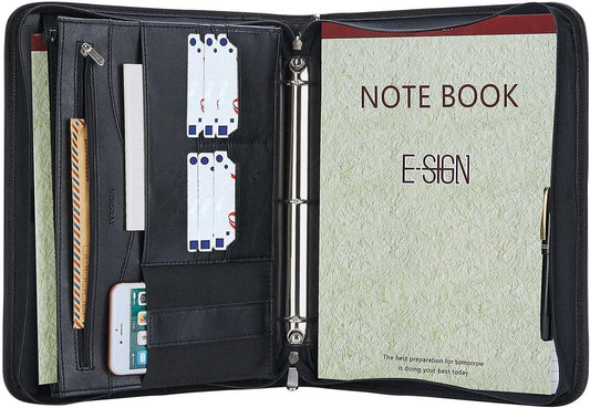 IVESIGN Zippered Padfolio Binder, Faux Leather Organizer with 3-Ring Binder, Left-Handed Design, Business Card Slots & Document Folders - Professional Padfolio for Office (Black)