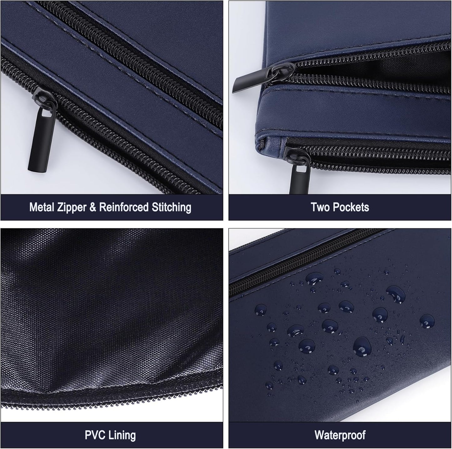 HAUTOCO Money Bag with Zipper 11x6.1 inch Money Pouch with Lined PU Leather Bank Bag Two Pockets Utility Wallet for Cash Check Receipt Coins Cosmetics, Dark Blue