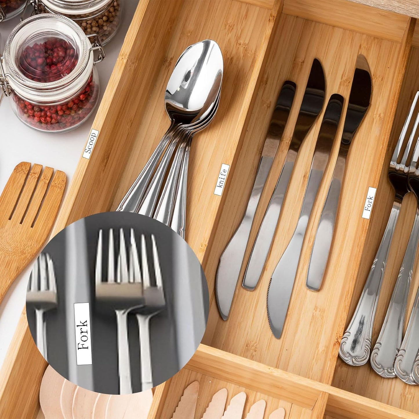 100Pcs Self-Adhesive Drawer Divider Labels – Clear Address Stickers for Organized Storage – Bamboo Silverware Drawer Divider Labels