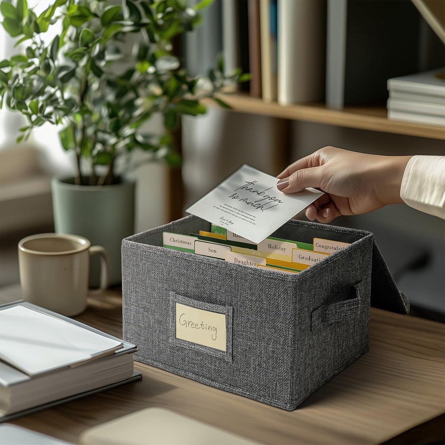 Vienrose Greeting Card Organizer Storage Box with 20 Removable Dividers, 84 Self-stick Labels, Perfect for Photos, Envelopes, Scrapbooking, Paper, Stickers Holder 2 Pack Grey