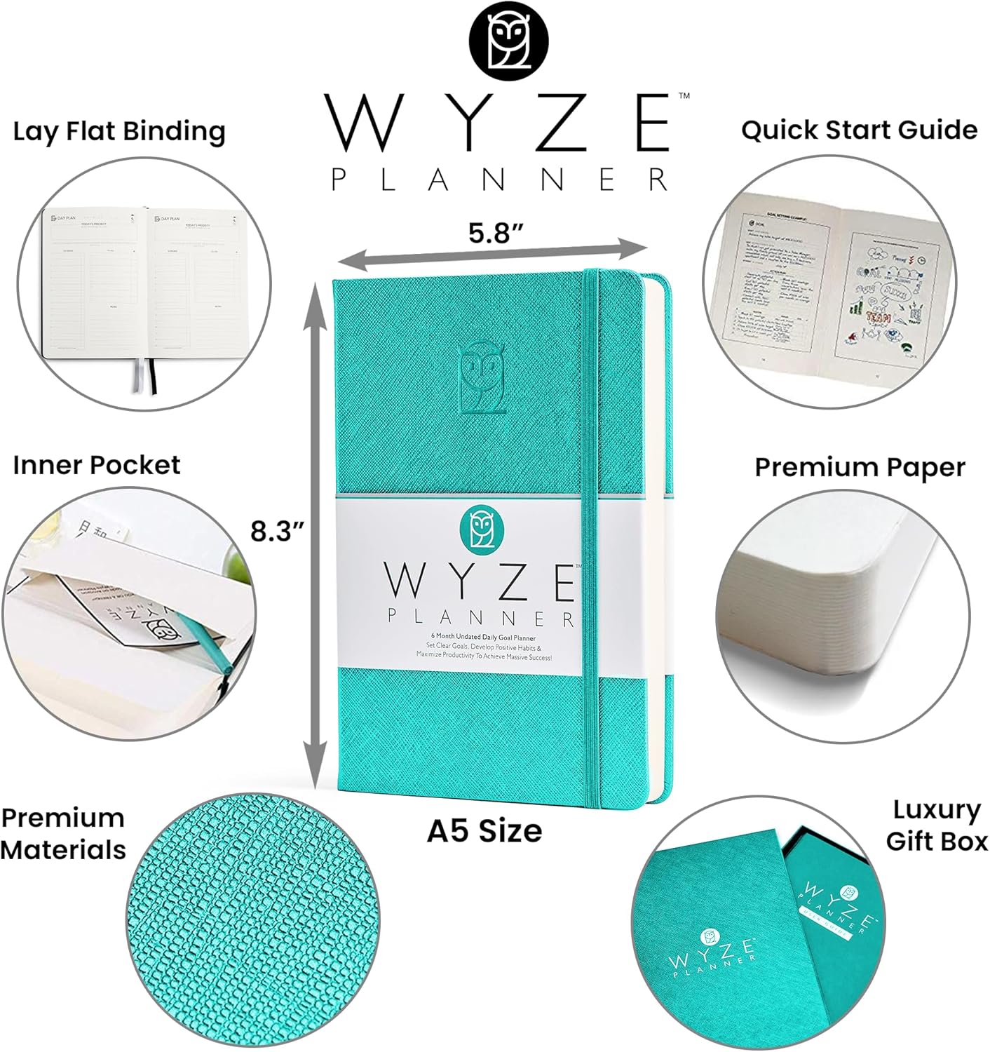 Undated Daily Planner – 6-Month A5 Productivity Organizer with Full Page Per Day, Hourly Schedule, Goal Setting, Habit Tracker, Weekly & Monthly Pages – Hardcover Time Management Notebook (Turquoise)
